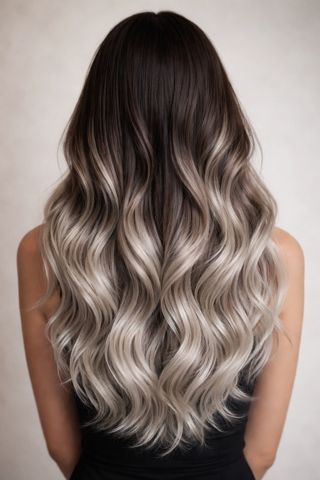 Ombre waves from brunette roots to silver ends with soft curls