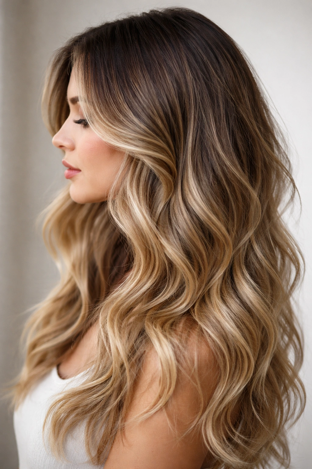 Side-profile of long, layered wavy ombre showing movement
