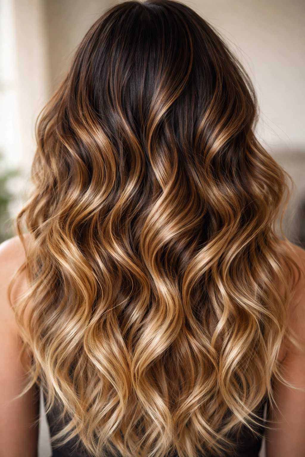 Close-up of wavy hair with a dark-to-light ombre gradient, emphasizing texture