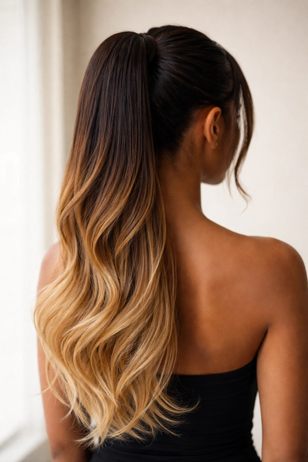 Ombré weave ponytail with dark roots fading to light ends