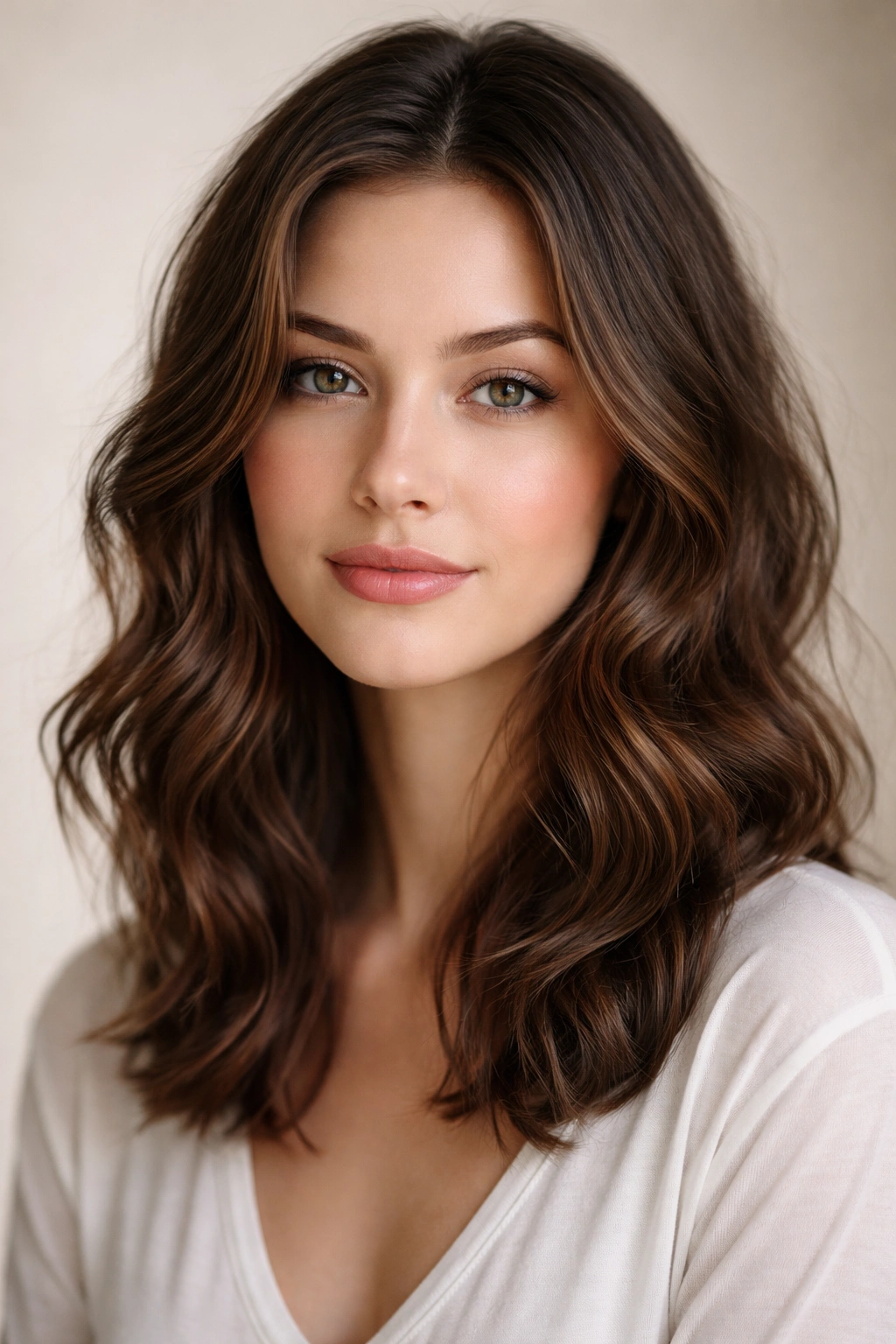 Portrait of a person with an oval face and loose wavy hair in a minimalist studio setting
