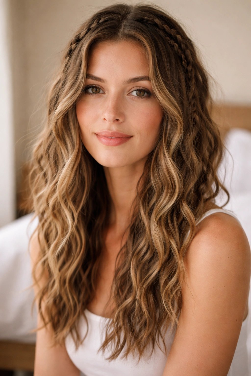 Close-up of damp hair with loose waves and crown braids