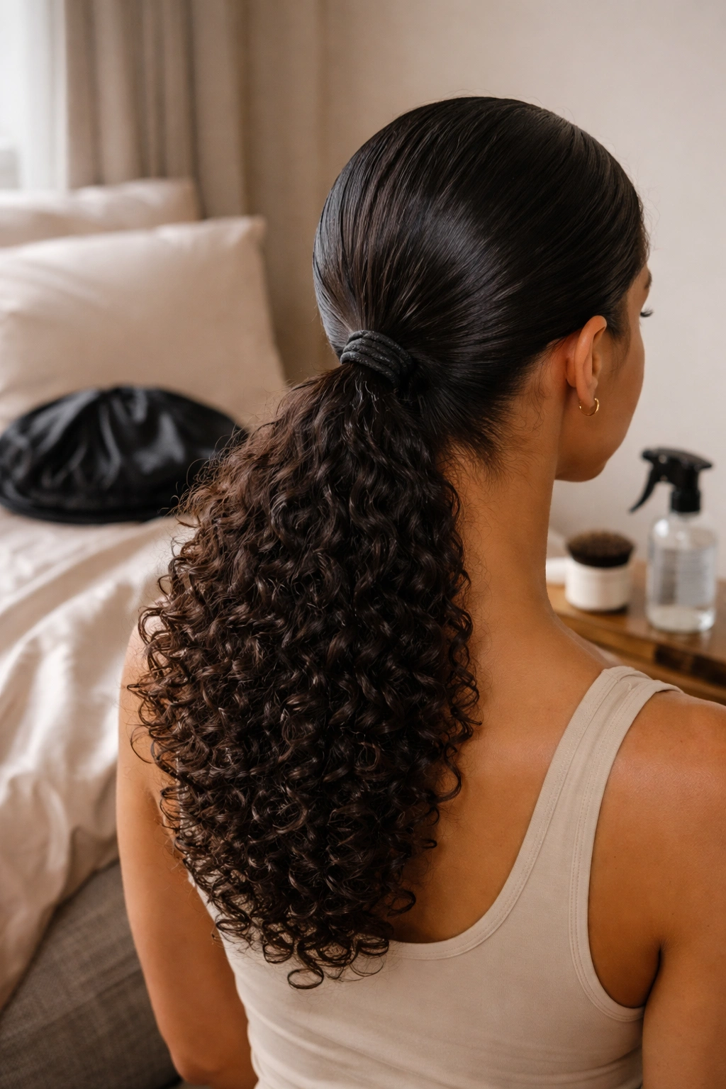 Back view of a head with a sleek low ponytail and satin pillowcase in the background