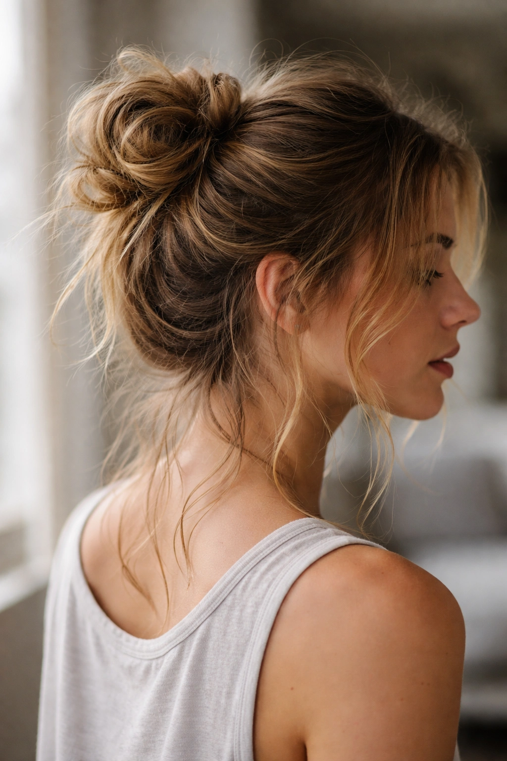 Relaxed overnight bun with natural texture and loose strands.