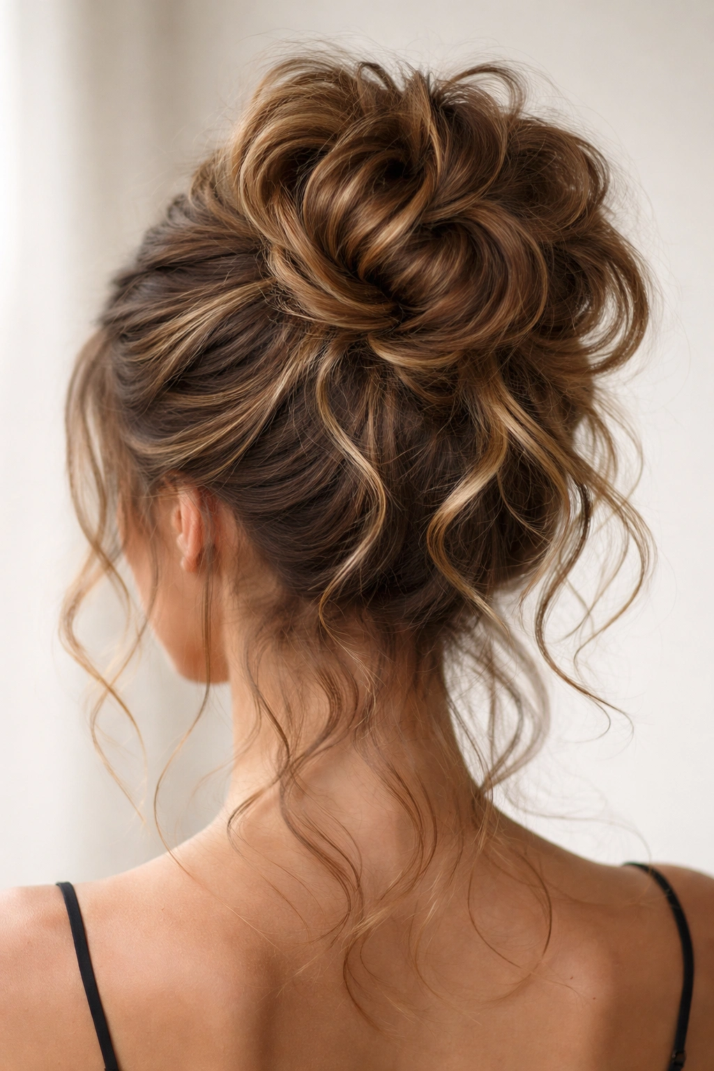 Oversized romantic bun with large loops and soft wave texture.