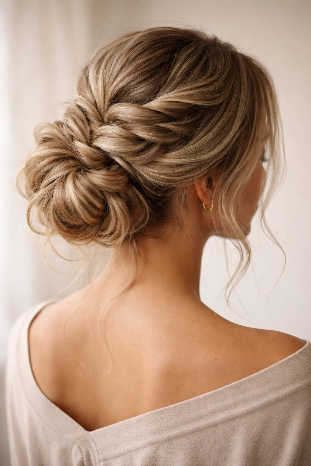 Back view of a pancake braided messy bun with pulled-apart braid for fullness