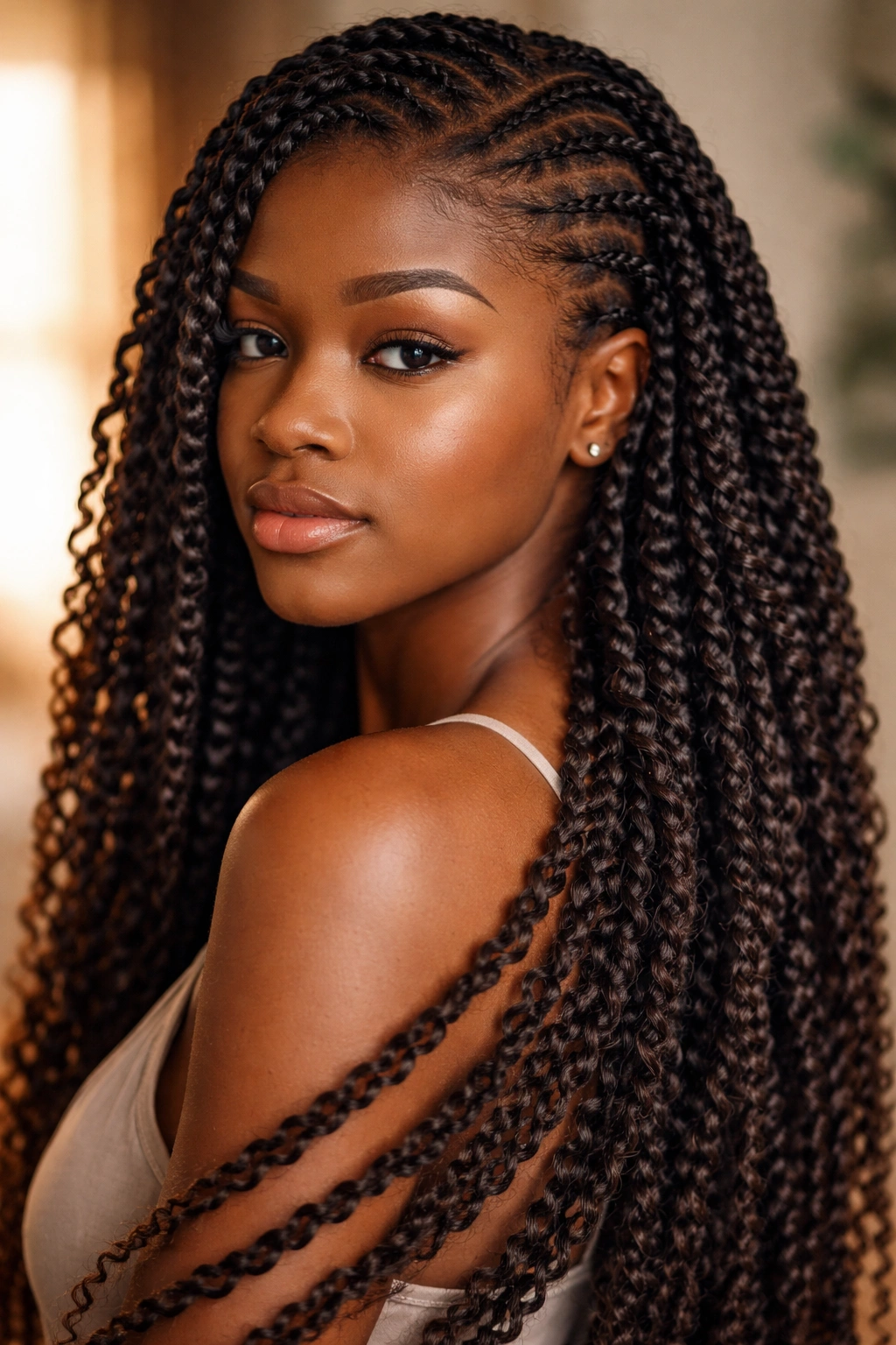 Close-up of passion twists on 4C hair with cornrow base and extended length