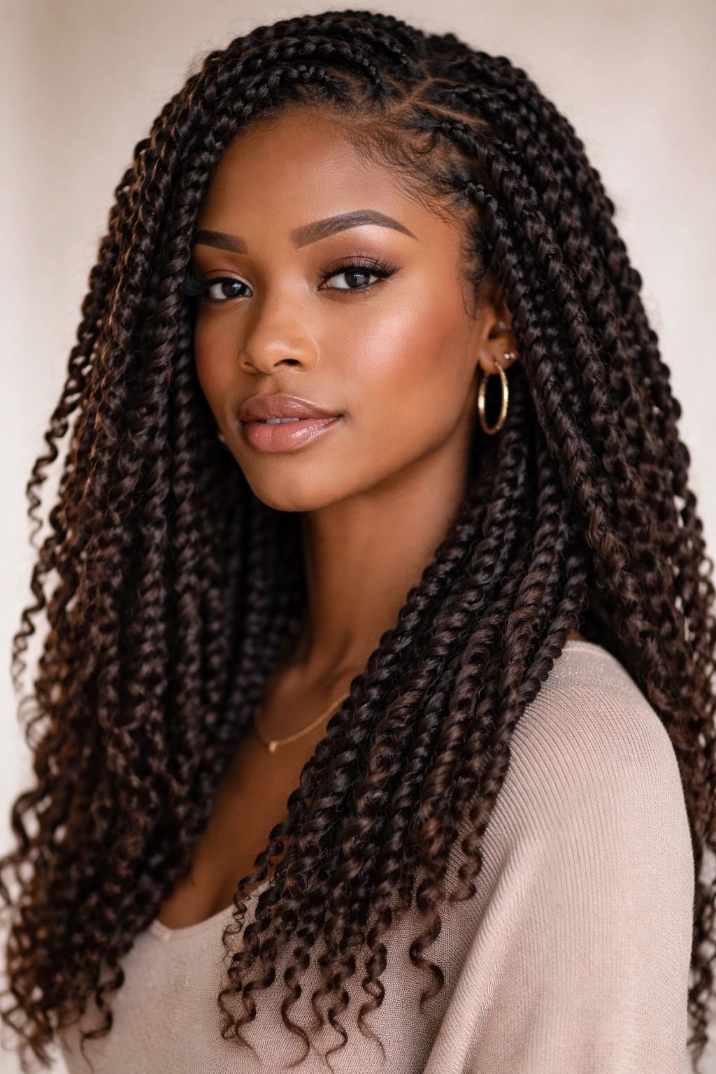 Close-up of passion twists on medium to long afro hair with textured, thick twists