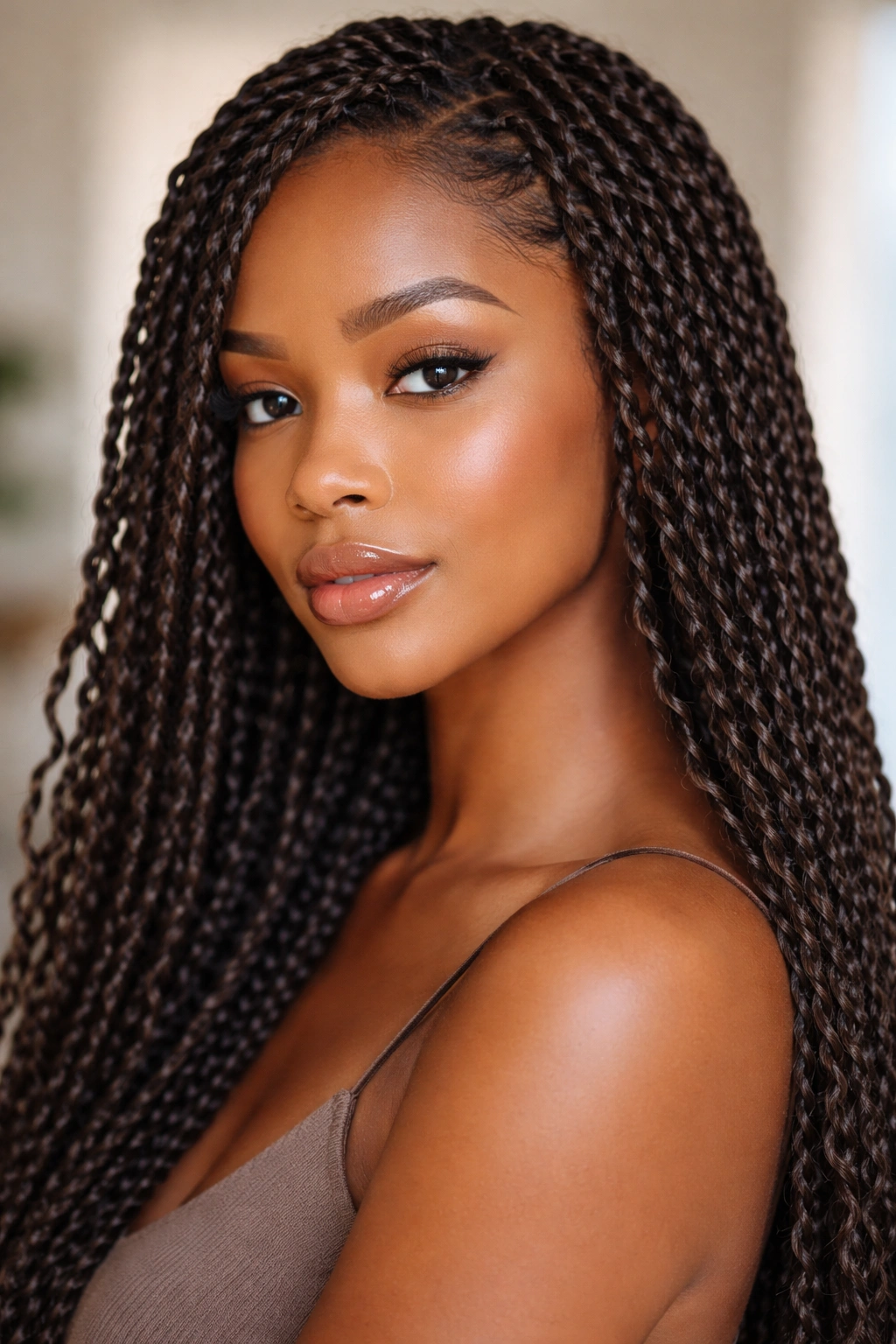 Close-up of a person with thin passion twists wrapped in lightweight yarn, showing delicate texture