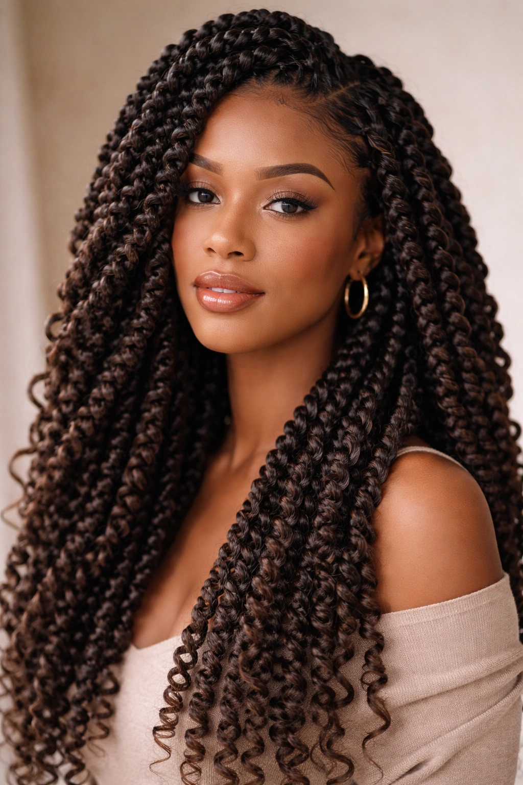 Close-up of passion twists showing thick ropelike texture on a protective hairstyle