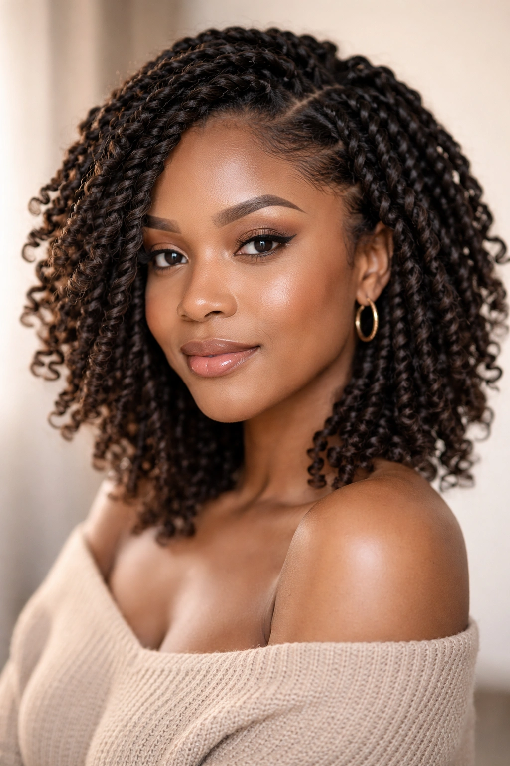 Close-up of soft passion twists on short-to-medium natural hair with voluminous texture