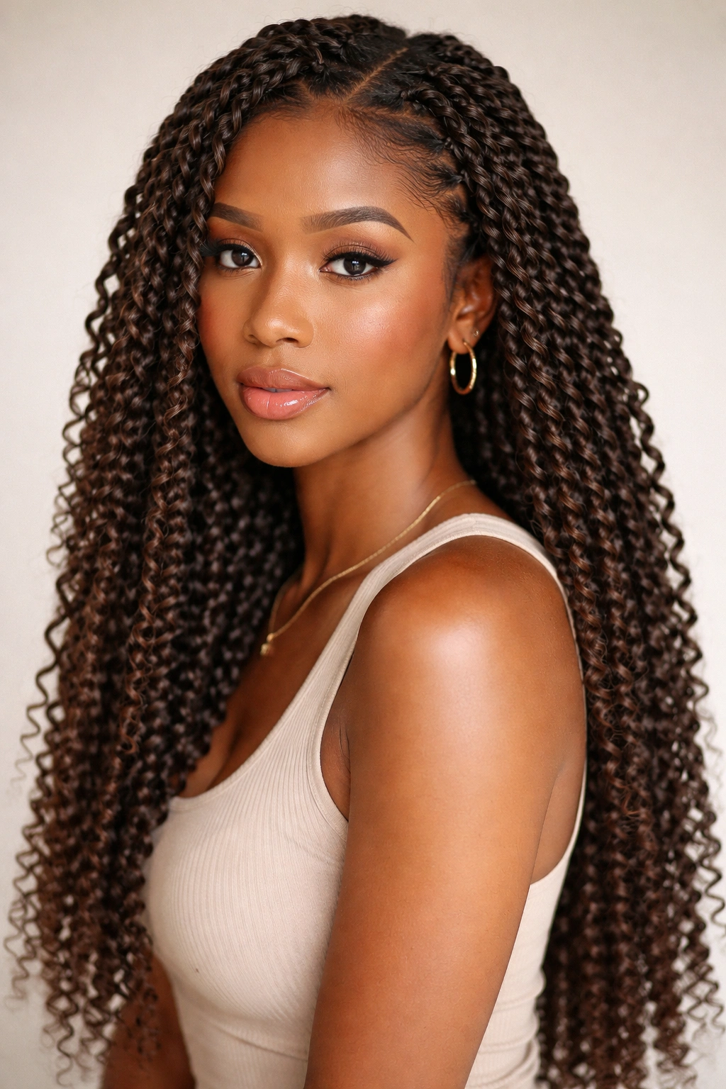 Close-up of soft passion twists with mid-back length in a neutral studio setting