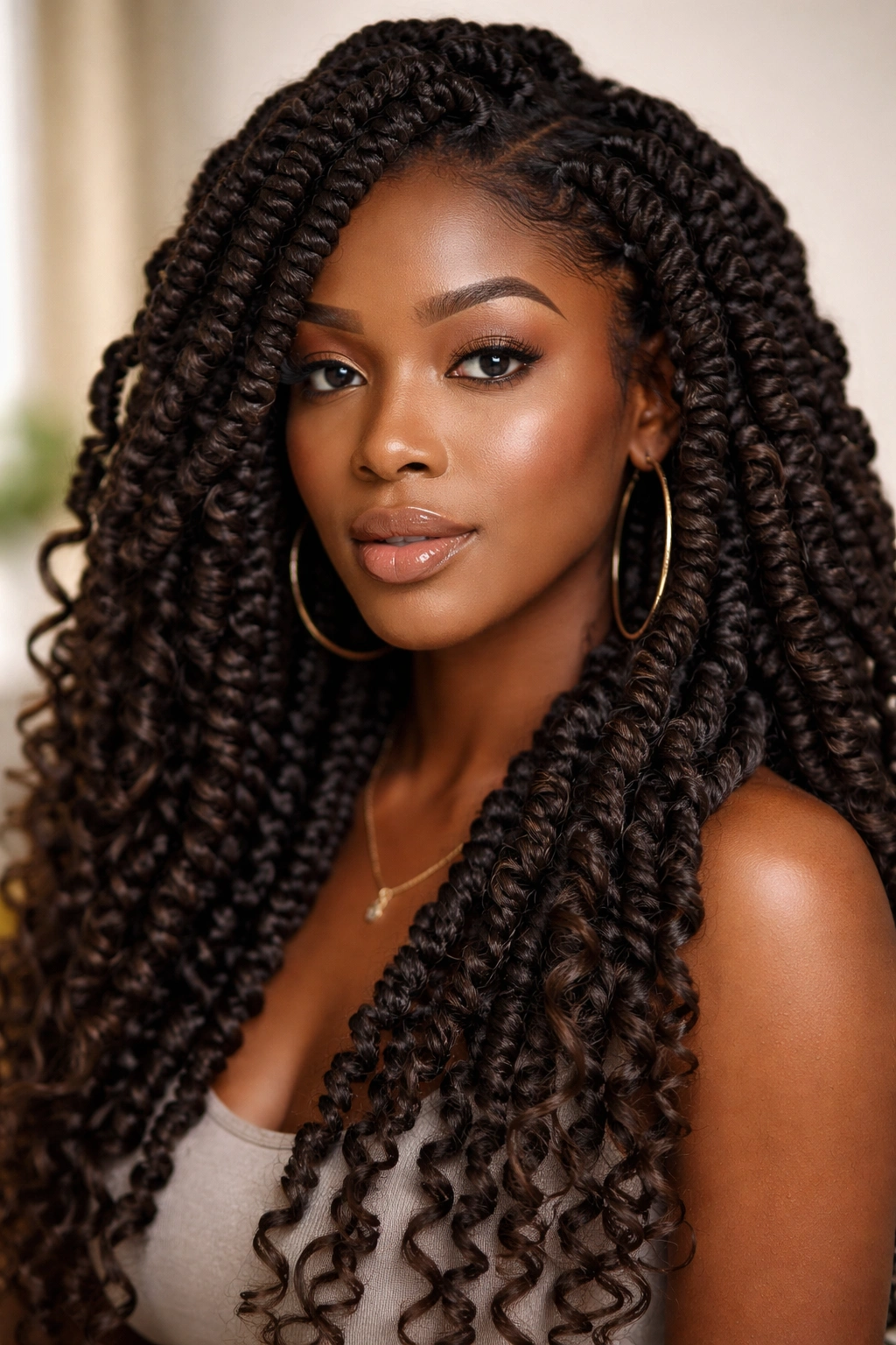 Close-up of passion twists with yarn-wrapped segments showing bulk and texture