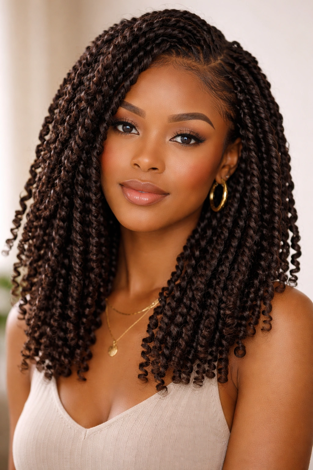 Head-and-shoulders shot of passion twists on medium-length hair