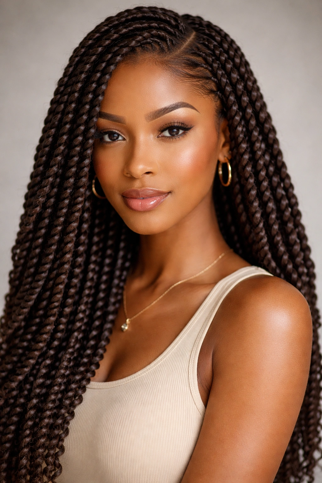 Close-up of passion twists protective hairstyle with rope-like texture on a single model
