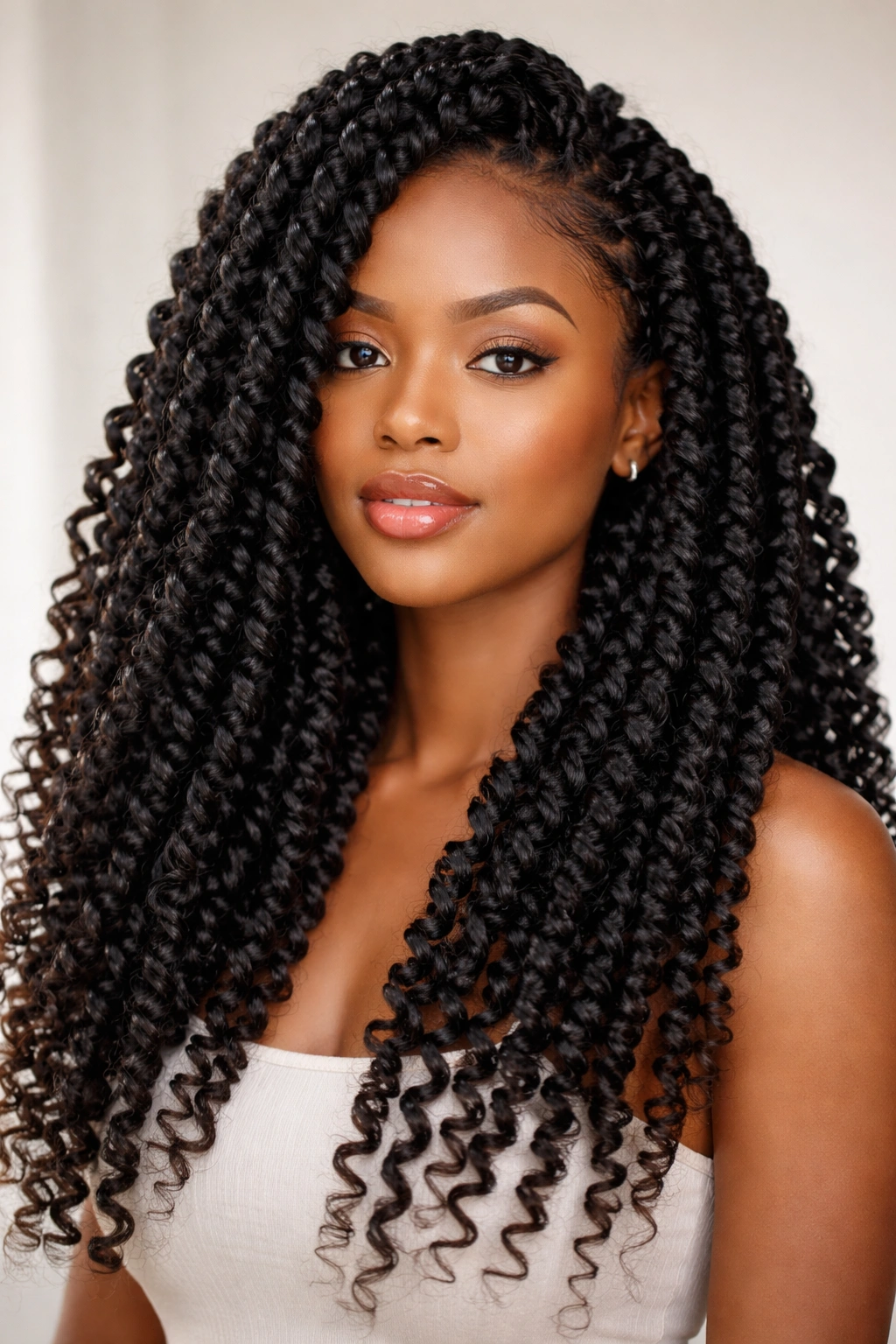 Front view of passion twists with thick, textured two-strand twists.