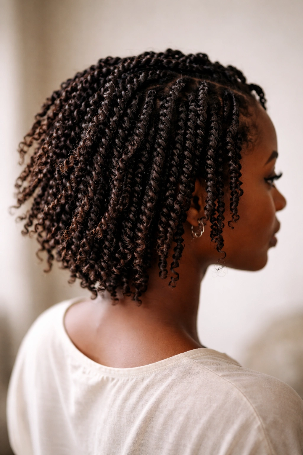 Close-up of short afro with lightweight passion twists showing airy spirals