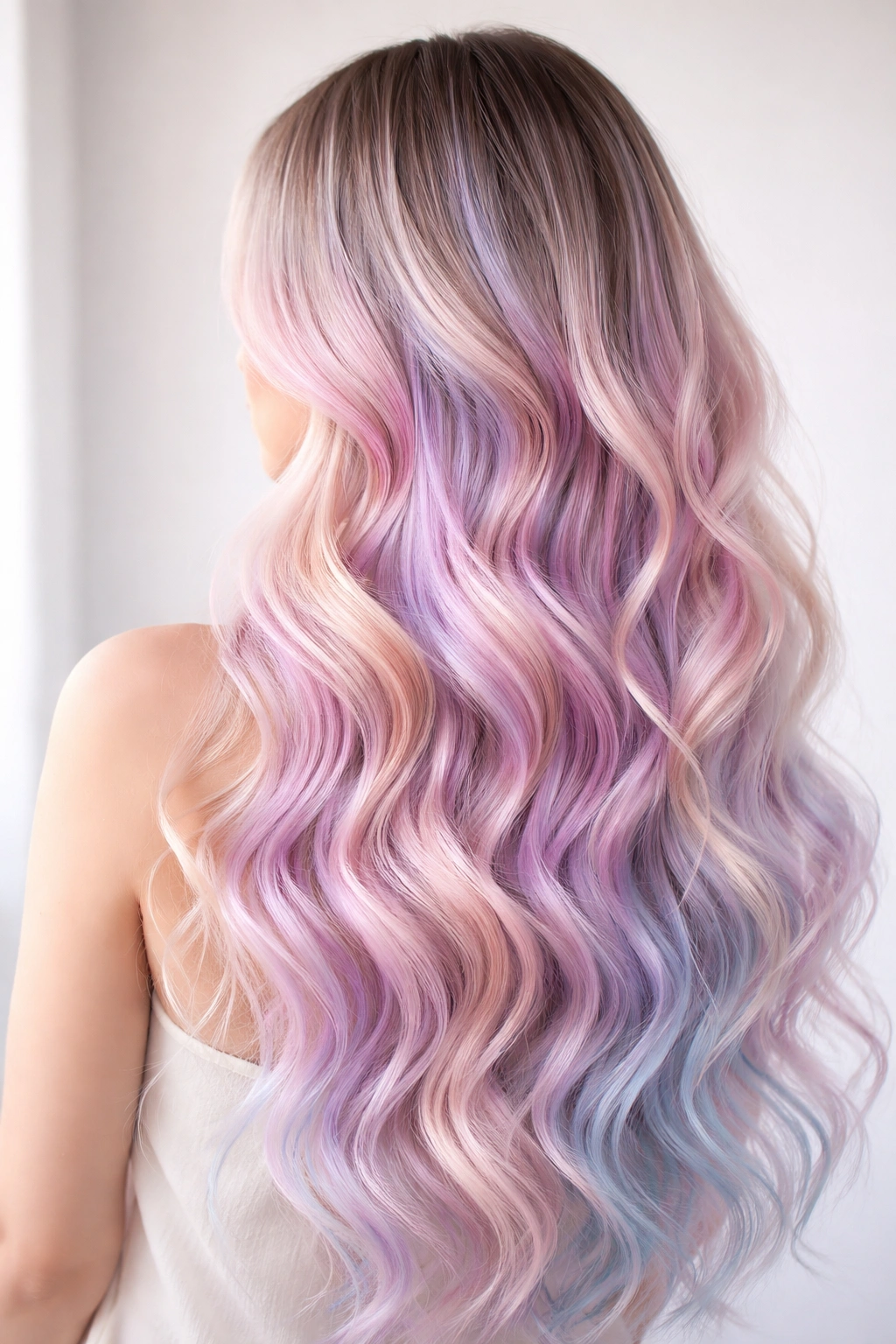 Pastel ombre wavy hair gradient from dark roots to pale pastel ends