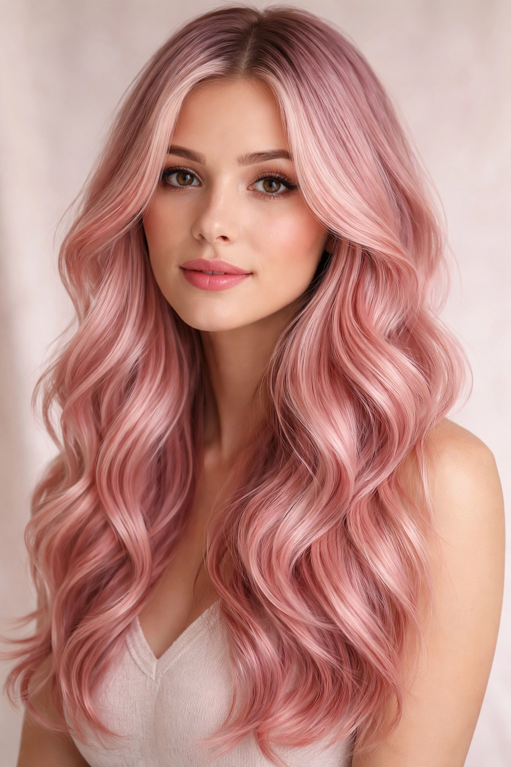 Pastel pink balayage with loose waves showing depth