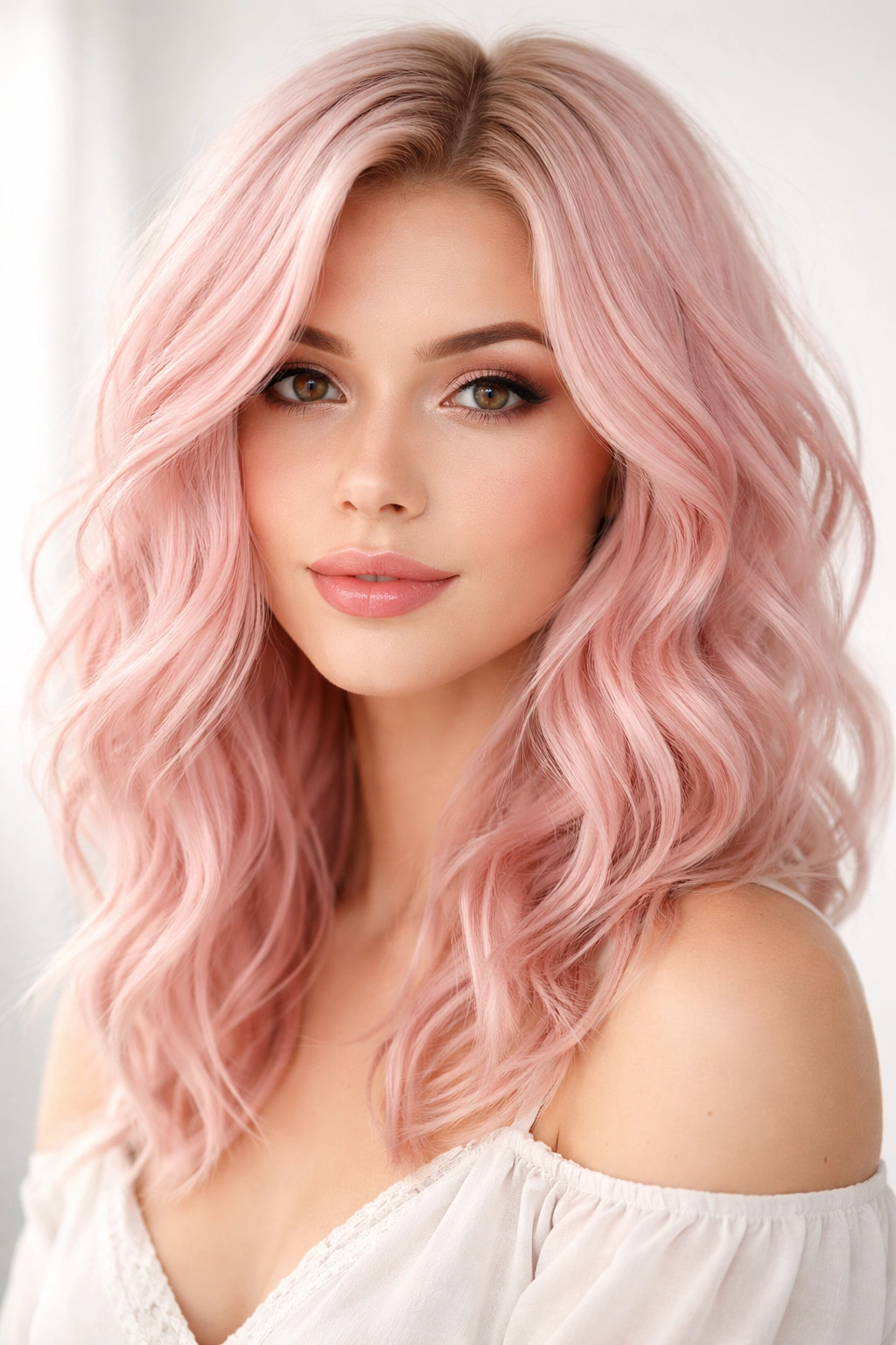 Pastel pink shoulder-length waves on pale blonde base