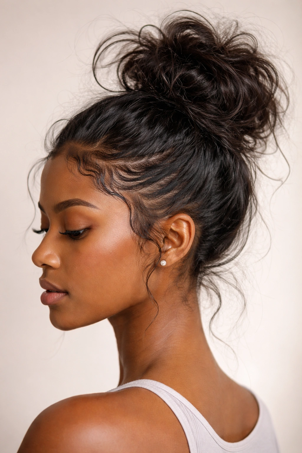 Close-up of a hairline with pattern-edged bun and flyaways