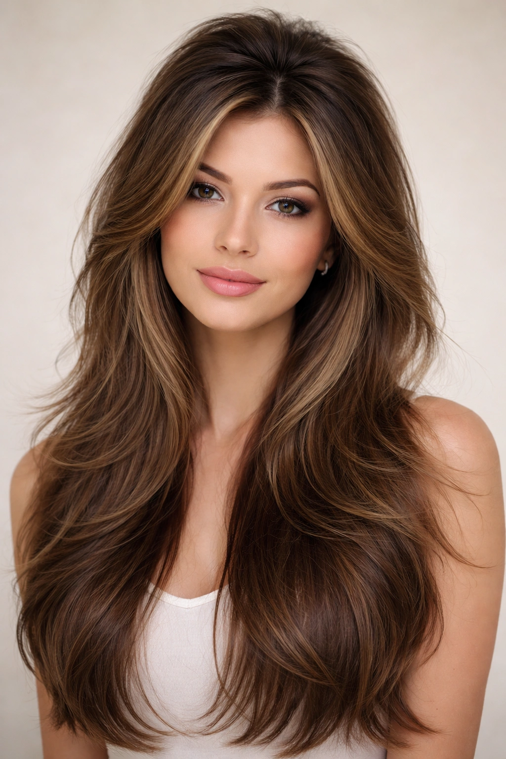 Hair with crown peak and graduated layers creating a vertical silhouette