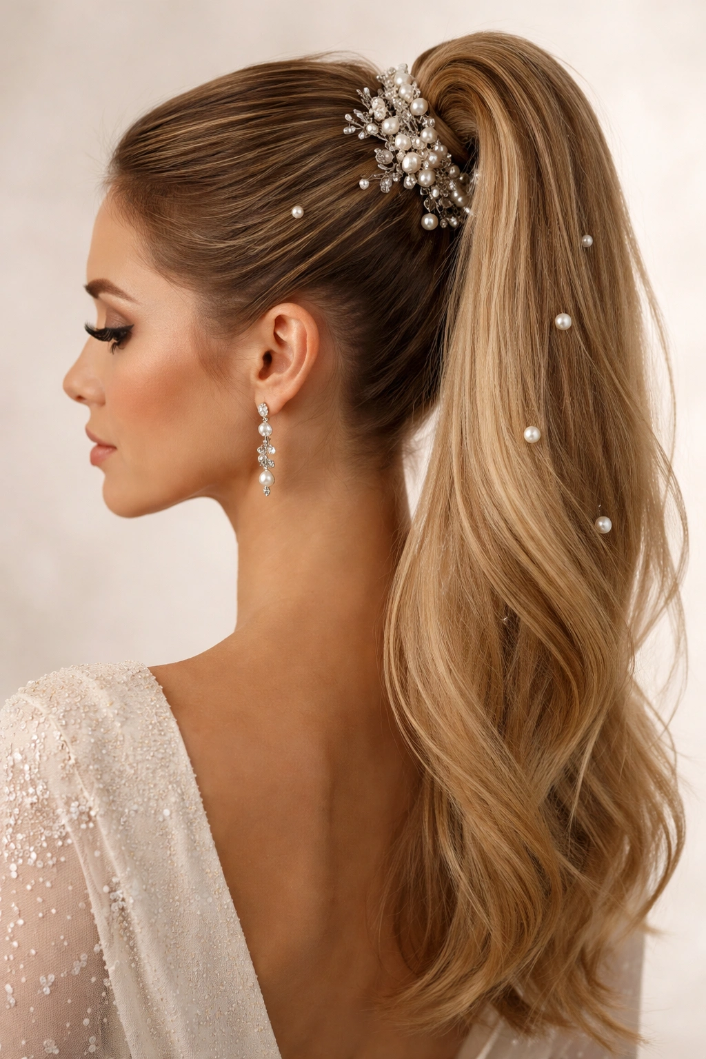 High ponytail with pearl and crystal accessories at the base