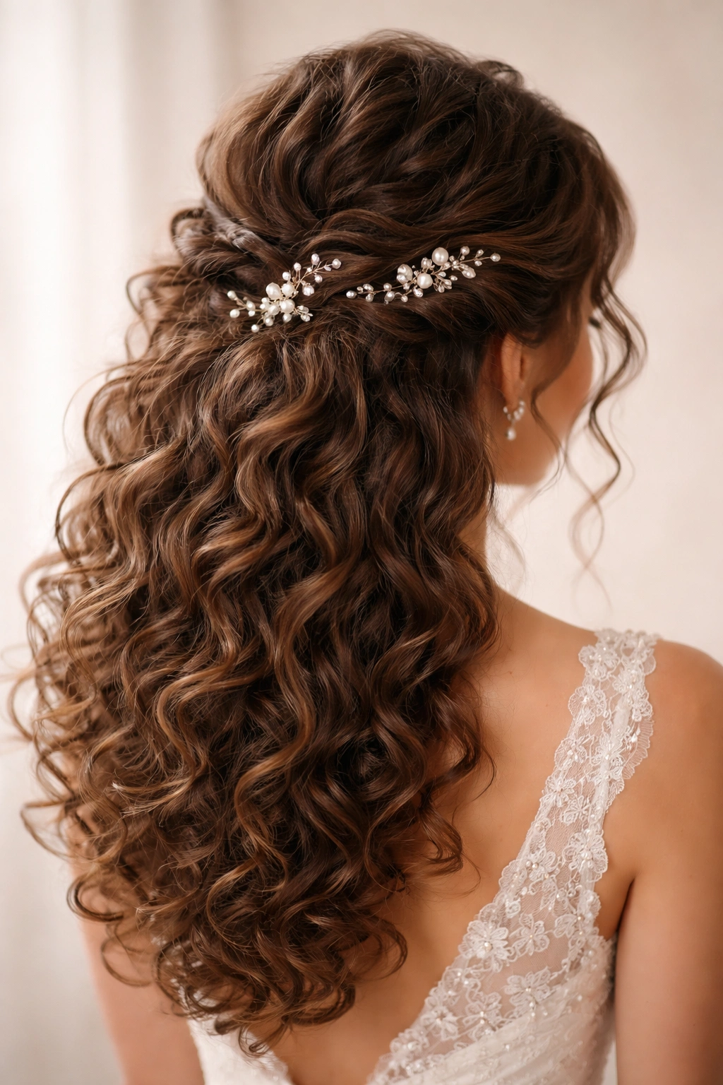 Half-up twisted curls with pearl and crystal hair pins