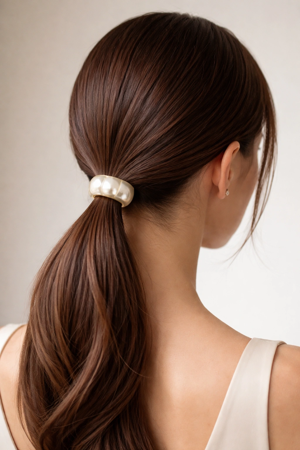 Low pony at the nape with a pearl or metal cuff at the base