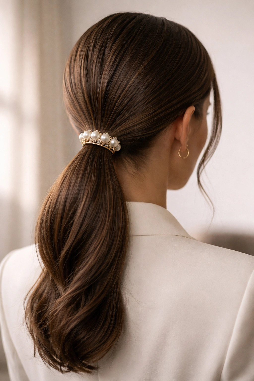 Low ponytail with a pearl cuff at the base, elegant single accessory.