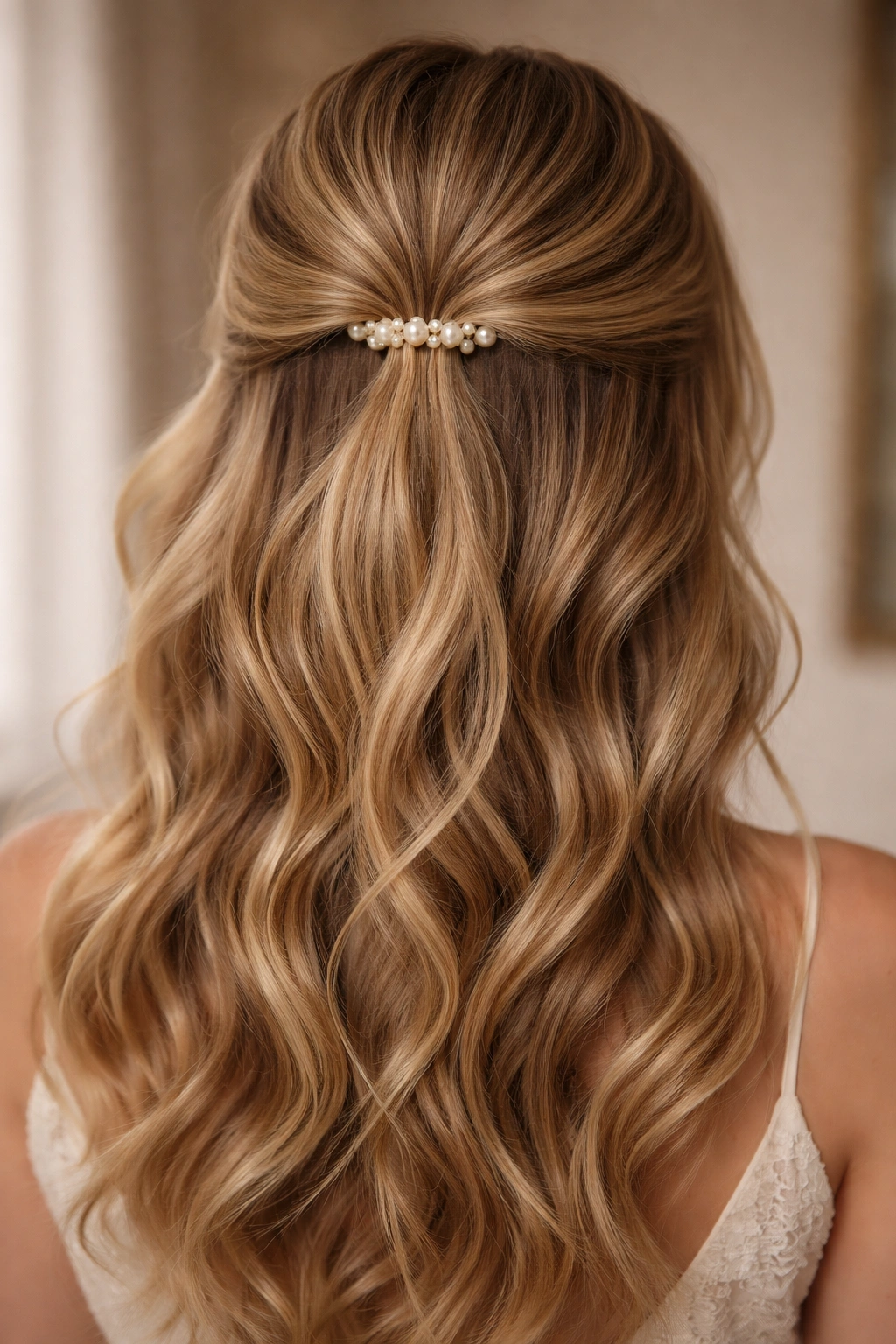 Half-up hairstyle with pearl-studded elastic securing the top