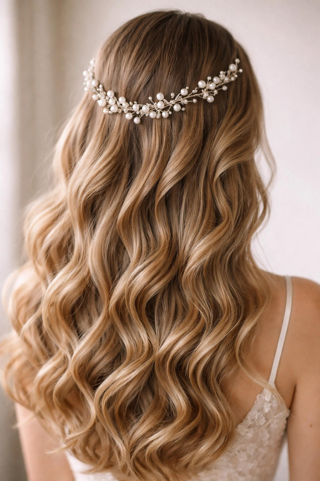 Close-up of long, glossy waves with a pearl hairpiece catching light