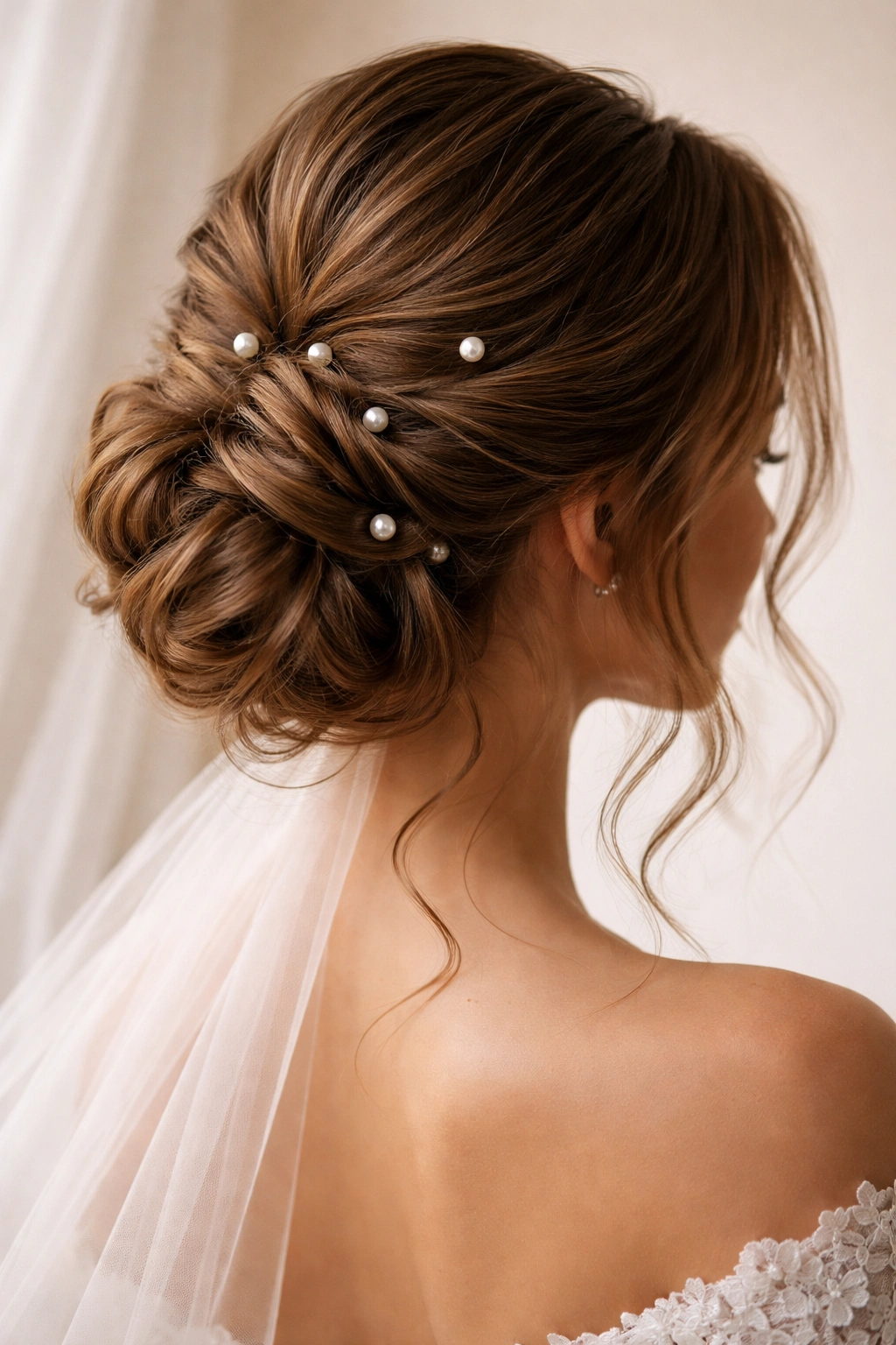 Low bun with scattered pearl pins and soft waves framing the face