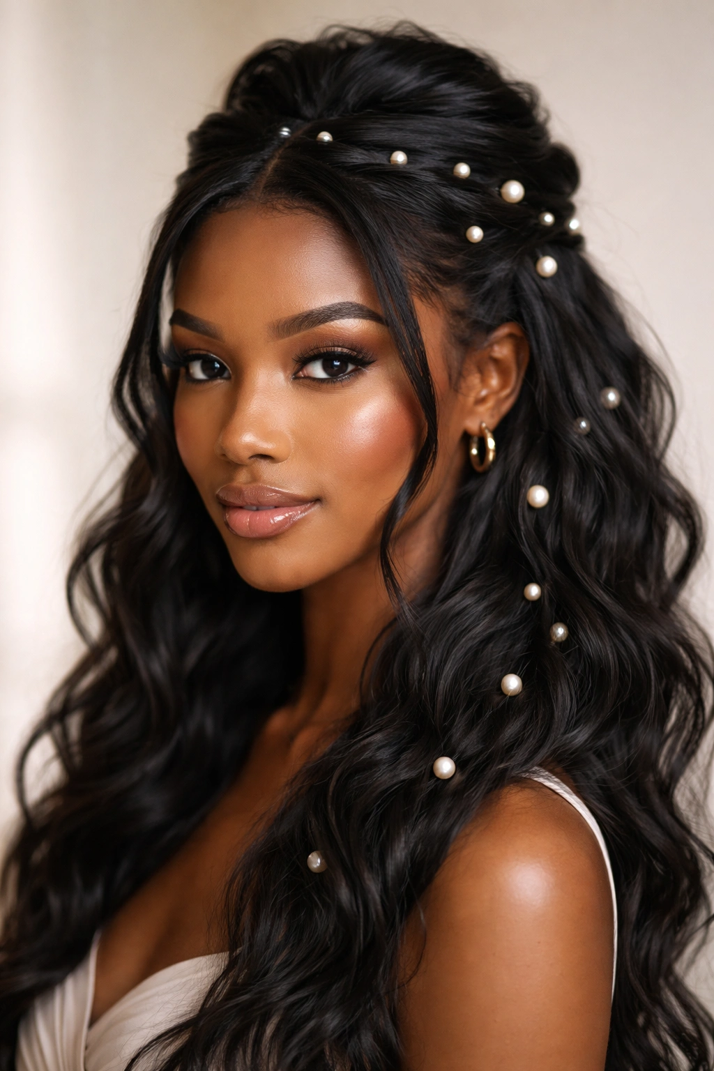 Close-up of a half-up hairstyle adorned with pearl pins.