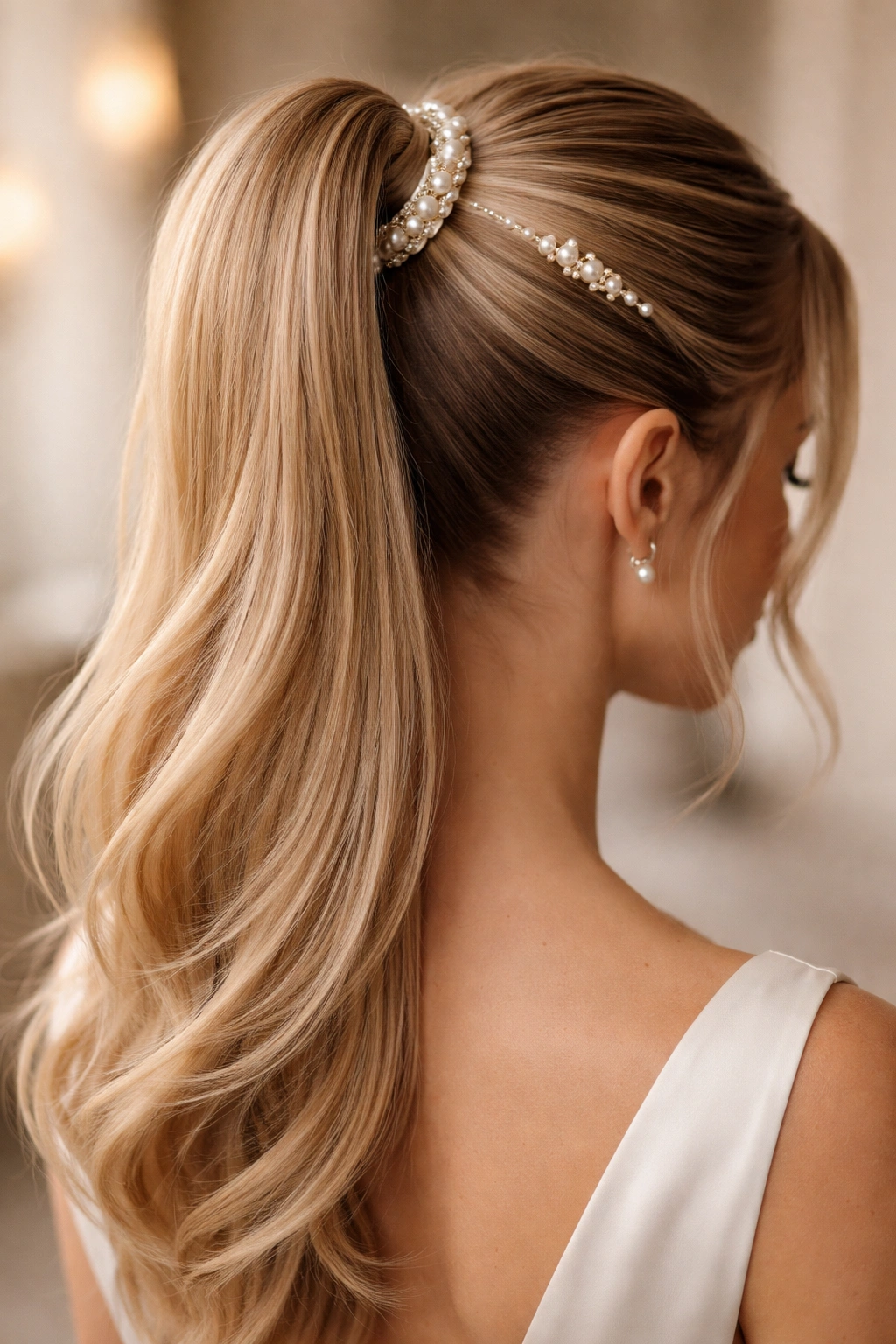 Close-up of a high ponytail with a pearl clip and pearl hairpin