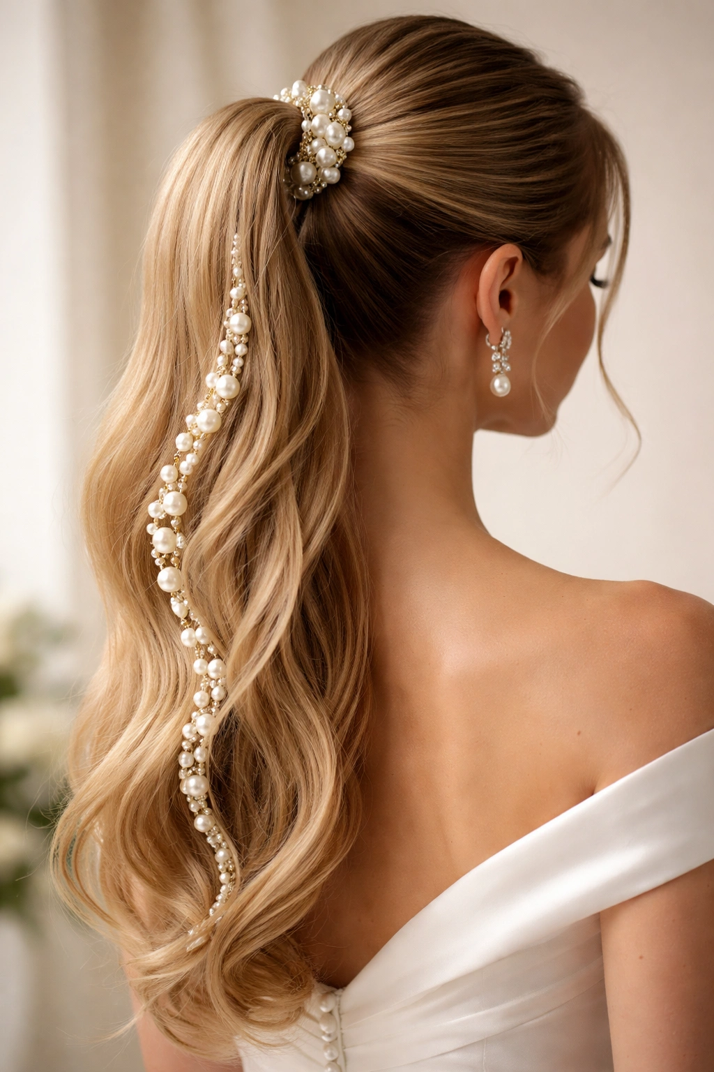 Close-up of a sleek high ponytail with pearl accessories at the base