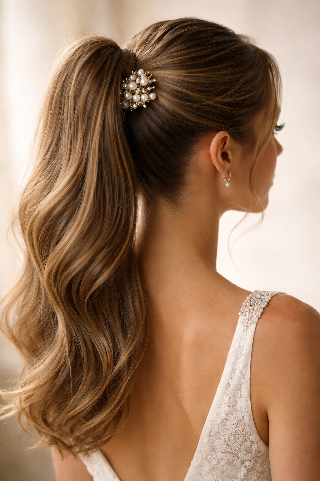 Ponytail with pearl hair pins cluster at base