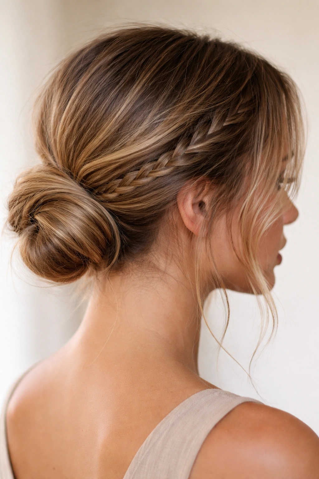 Low bun with a thin side braid forming a subtle peek-a-boo detail