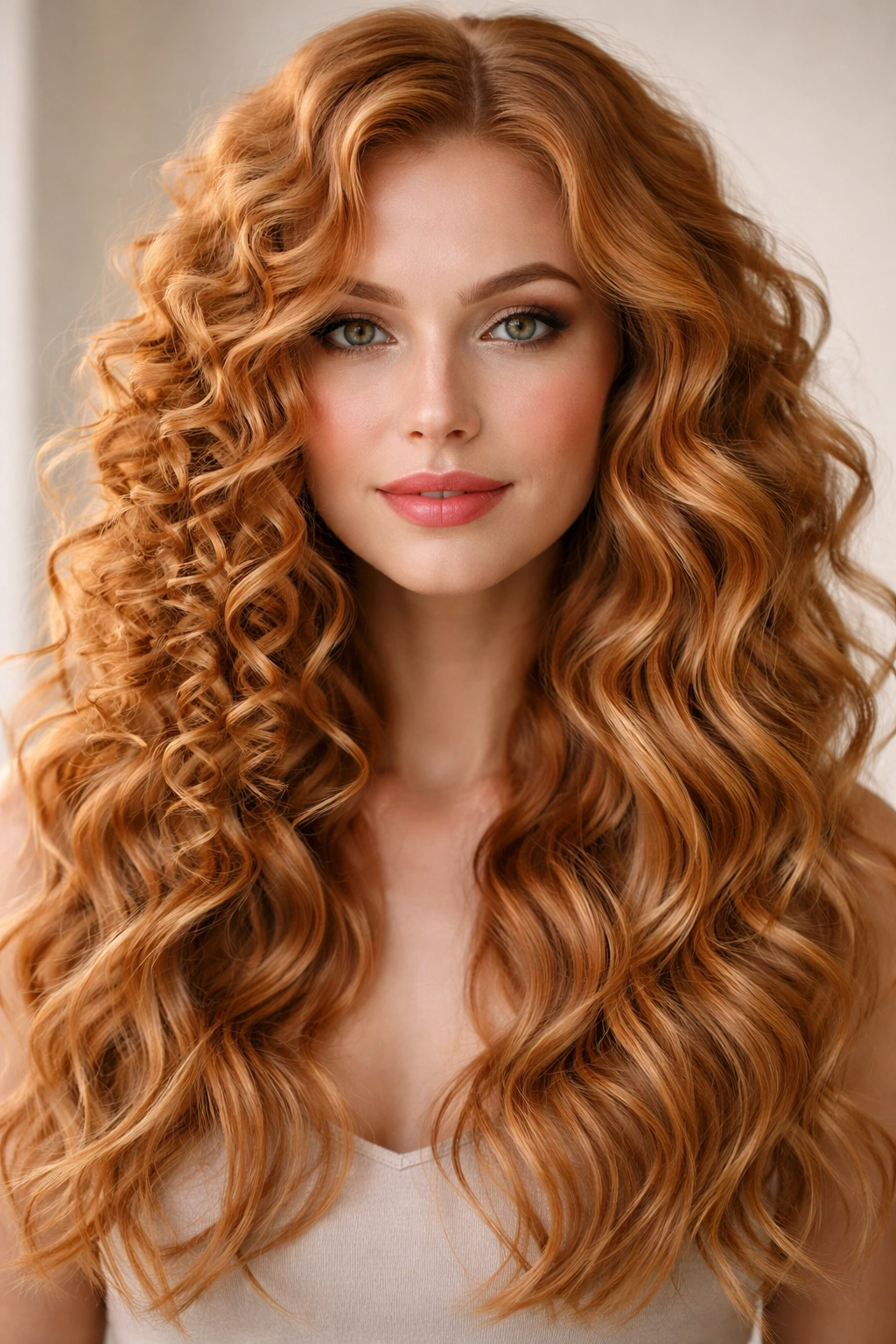 Close-up of strawberry blonde hair showing pencil curls and soft waves