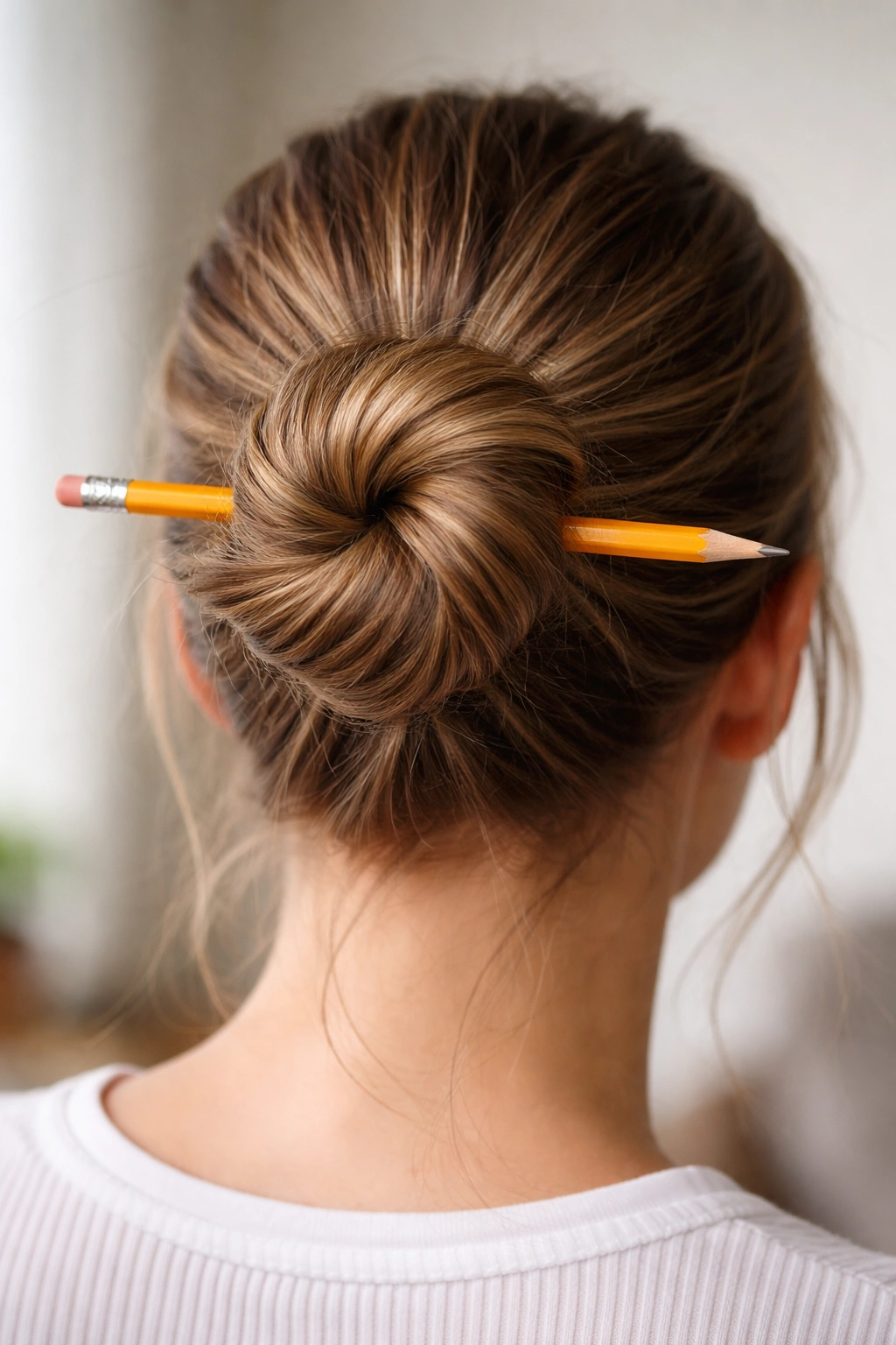 Close-up of a twisted bun with a pencil running through its center