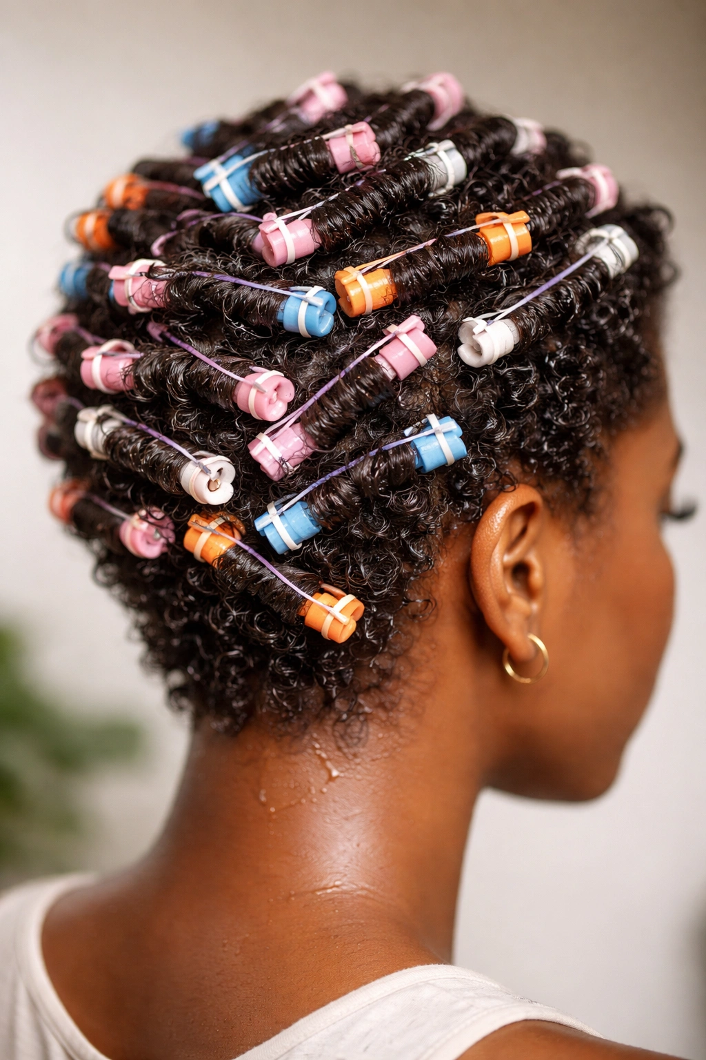 Close-up of perm rod curls on short 4C hair with small rods visible