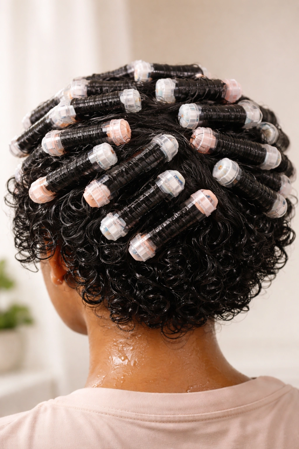 Damp hair wrapped around perm rods forming uniform curls