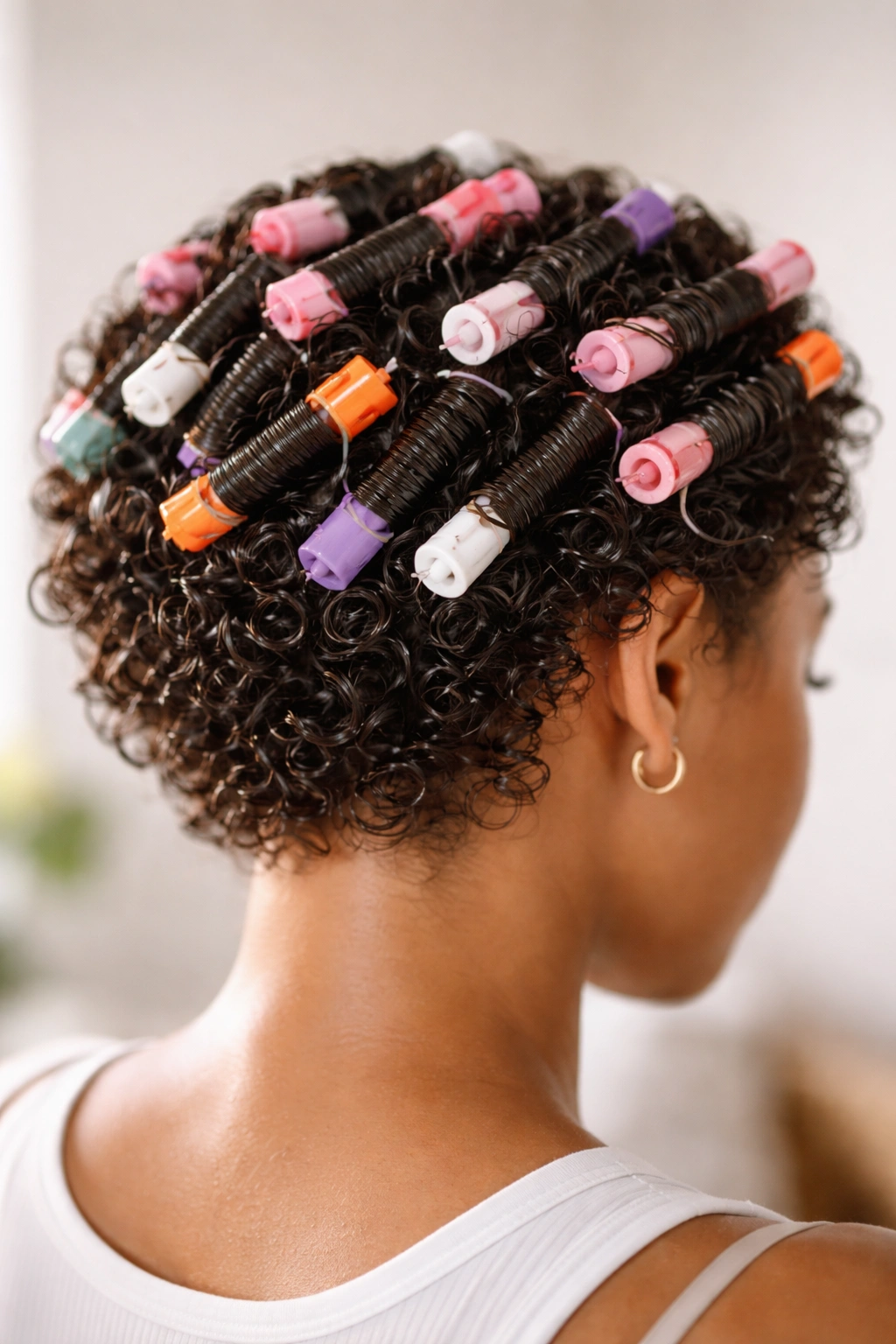 Short hair with perm rods set for defined curls