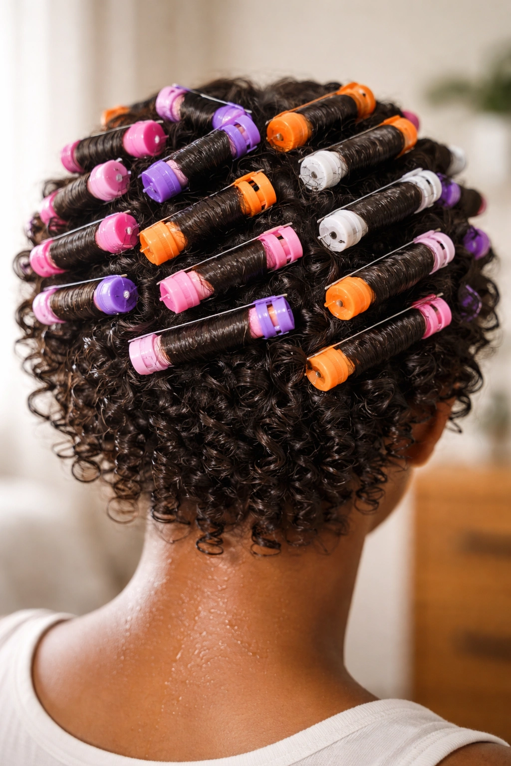 Damp hair wrapped around perm rods forming defined curls