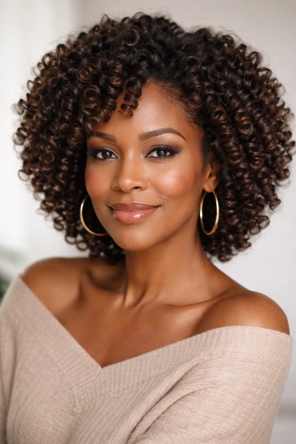 Close-up of a mature woman's perm rod curls with bouncy texture and defined coils