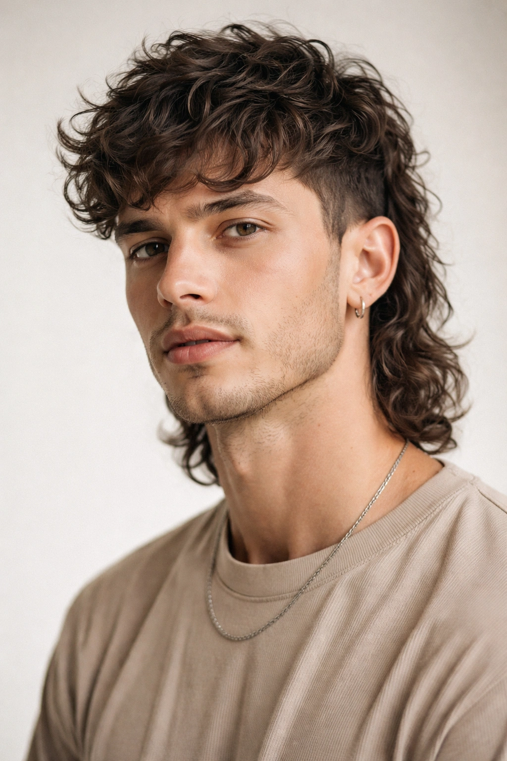 Close-up portrait of a person with a permed wave mullet, loose root-to-tip waves