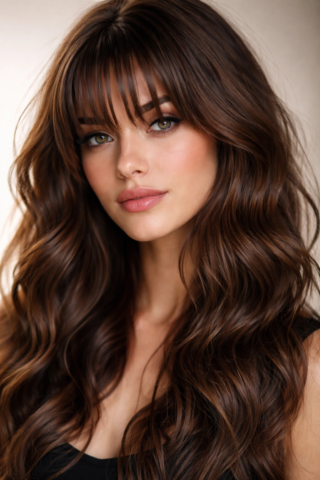 Close-up of brown hair with piece-y bangs and defined waves