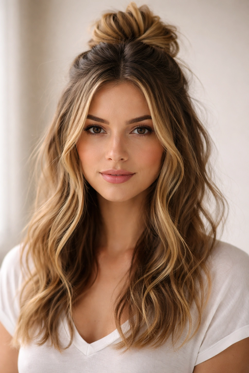 Piece-y half-up bun with face-framing strands and textured crown