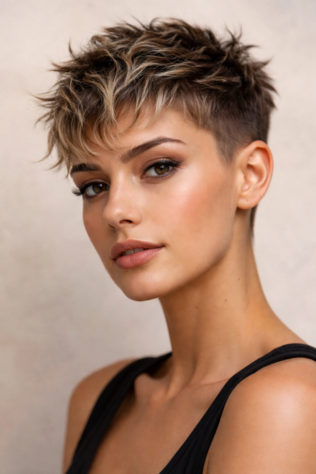 Front portrait showing a piece-y textured crop with sharp, disconnected hair pieces