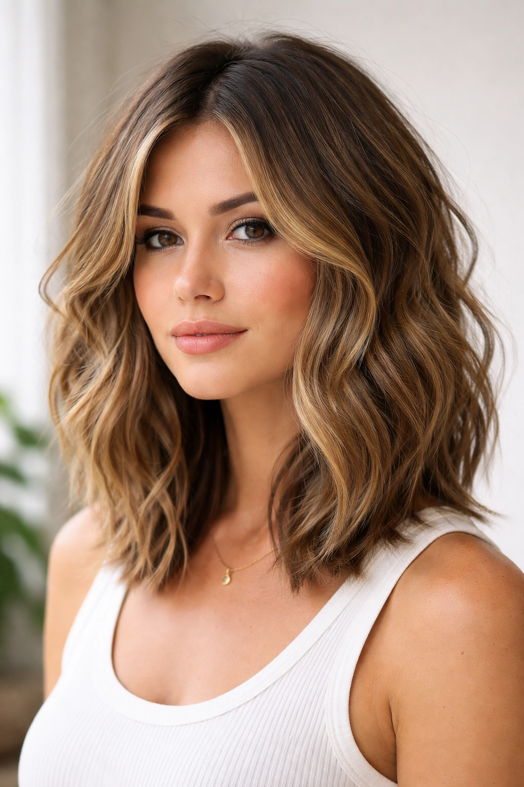 Model with a piece-y lob showing face-framing layers and soft waves.